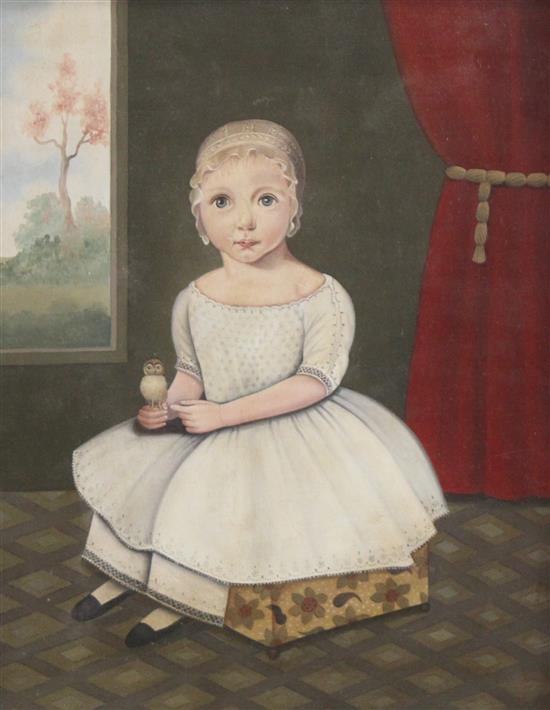 American School Naive portrait of a child holding a chick, 13 x 10.5in.